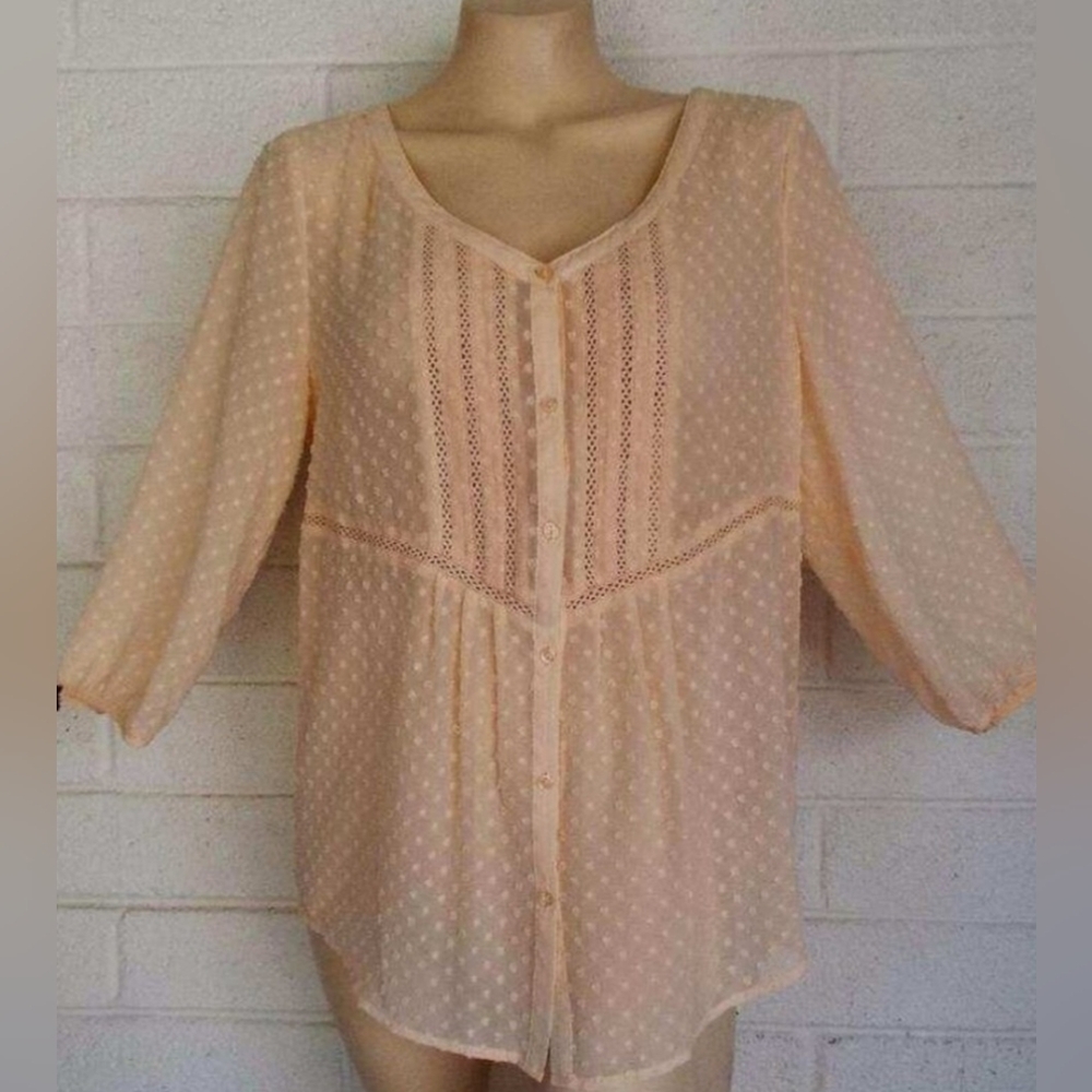Lauren Conrad LC Medium Ivory Textured Dot Lace Trim Sheer Button Front Top